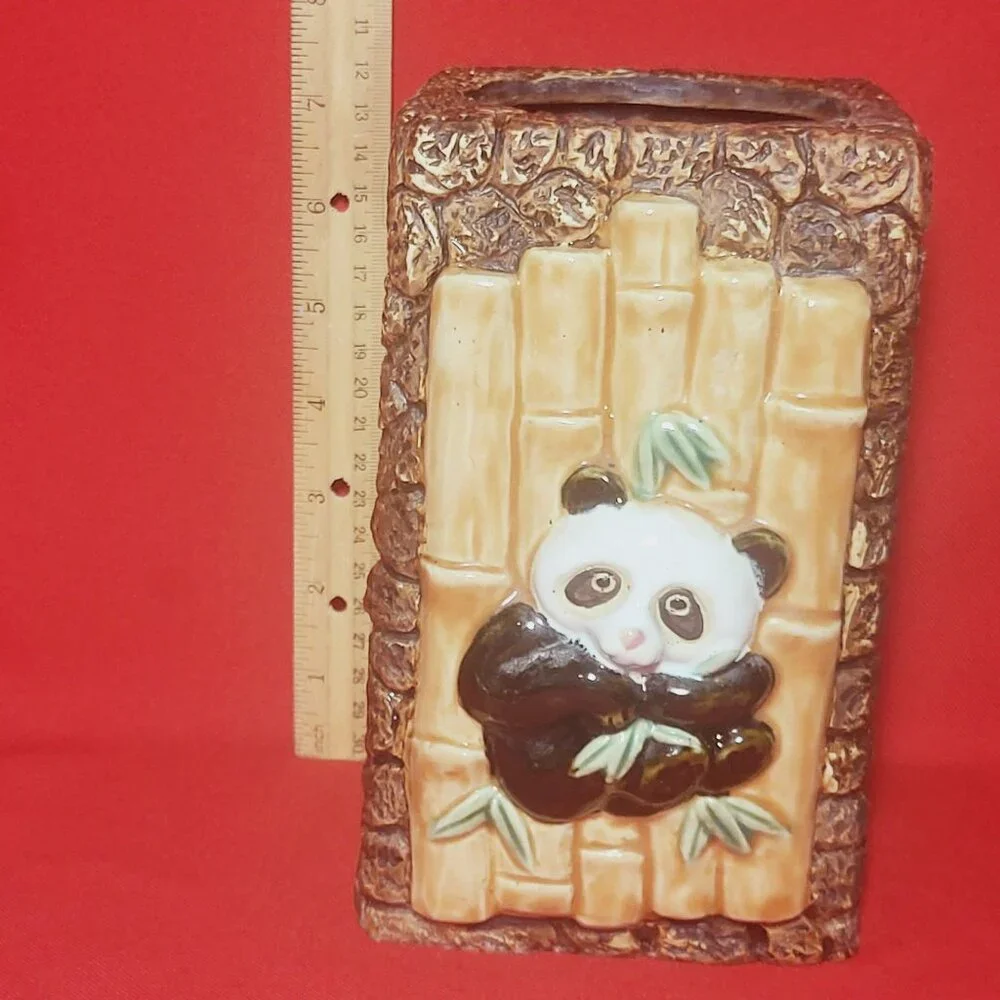 Vintage Panda Bamboo Ceramic Pottery Planter Large Vase